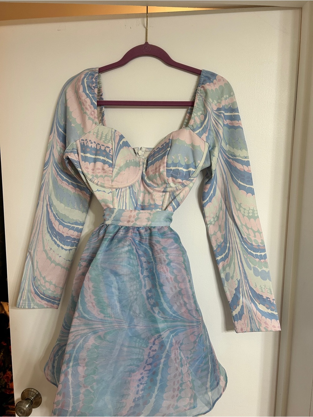 Selkie Pastel Swirl Long-Sleeve Mini Dress in Pink & Blue